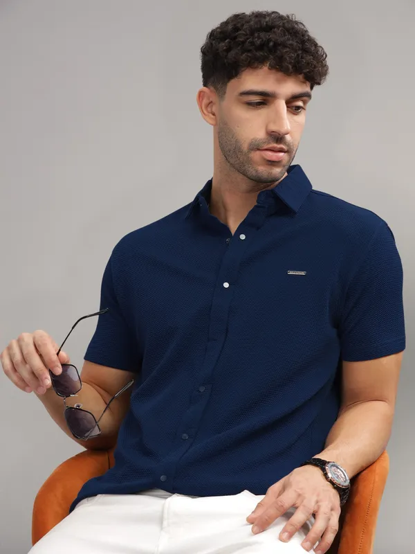 Navy_Cotton_Blend_Solid_Half_Sleeve_Shirt_For_Men
