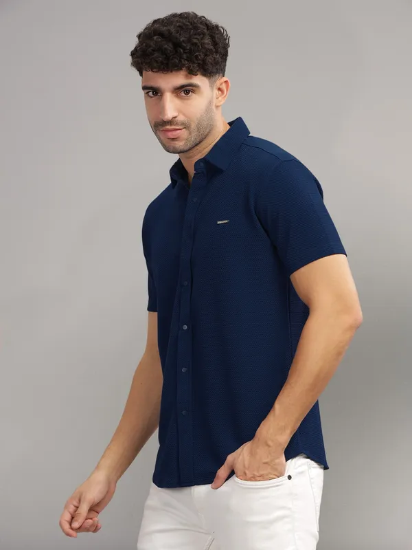 Navy_Cotton_Blend_Solid_Half_Sleeve_Shirt_For_Men