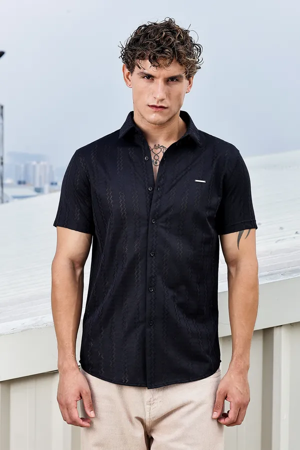 Black_Cotton_Blend_Solid_Half_Sleeve_Shirt_For_Men