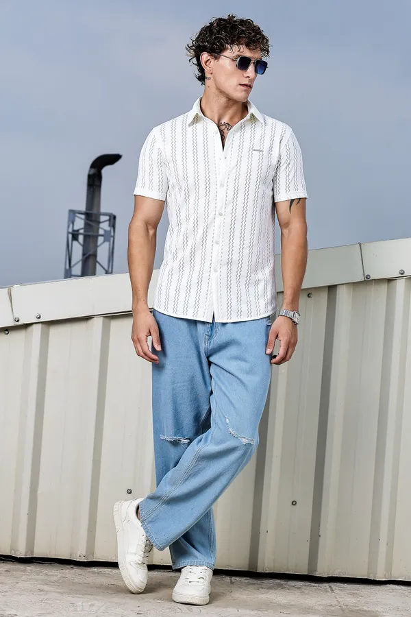 White_Cotton_Blend_Solid_Half_Sleeve_Shirt_For_Men
