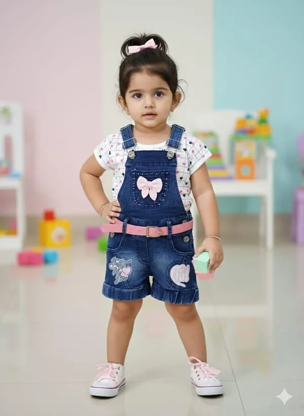 Girls_Denim_Dungaree_Shorts_Set_With_Top