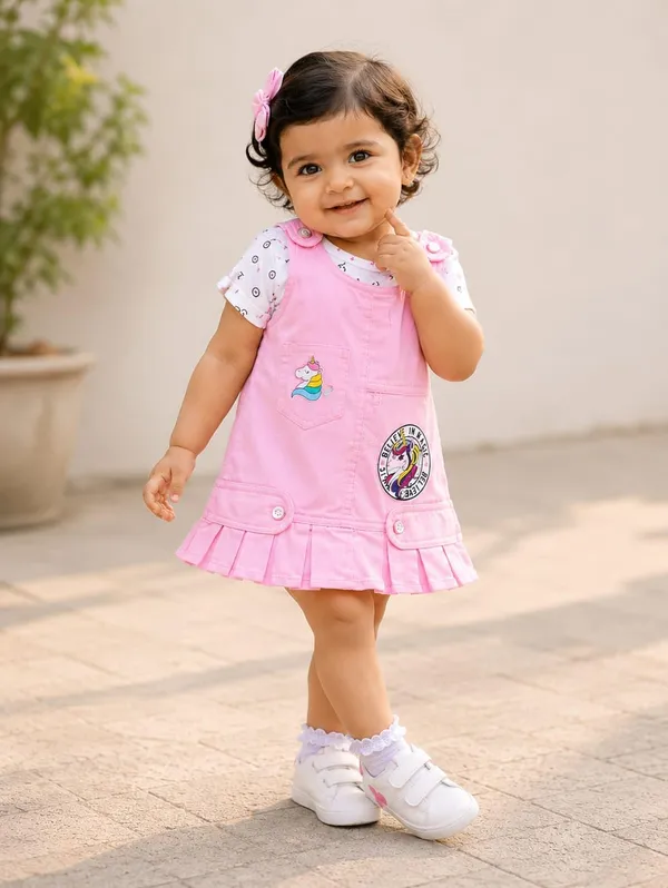 Baby_Girls_Denim_Dungaree_Dress_Set_With_Cotton_Top_And_Panty
