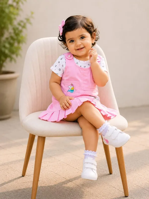 Baby_Girls_Denim_Dungaree_Dress_Set_With_Cotton_Top_And_Panty