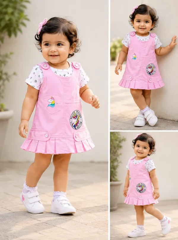 Baby_Girls_Denim_Dungaree_Dress_Set_With_Cotton_Top_And_Panty