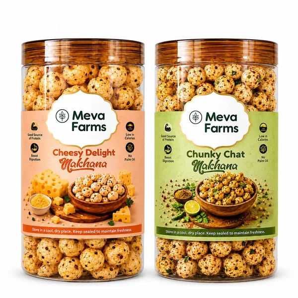 Meva_Farms_Cheesy_Delight_Roasted_Makhana_70g_&_Chunky_Chat_Masala_Roasted_Makhana_70g_(140g)_|_Combo_Pack_|_Healthy_Snack_|_High_Protein,_Low_Calorie_|_Gluten_Free_|_Roasted_Lotus_Seeds_|_No_Palm_Oil