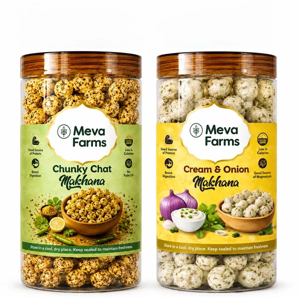 Meva_Farms_Chunky_Chat_Masala_Roasted_Makhana_70g_&_Cream_&_Onion_Roasted_Makhana_70g_(140g)_|_Combo_Pack_|_Healthy_Snack_|_High_Protein,_Low_Calorie_|_Gluten_Free_|_Roasted_Lotus_Seeds_|_No_Palm_Oil