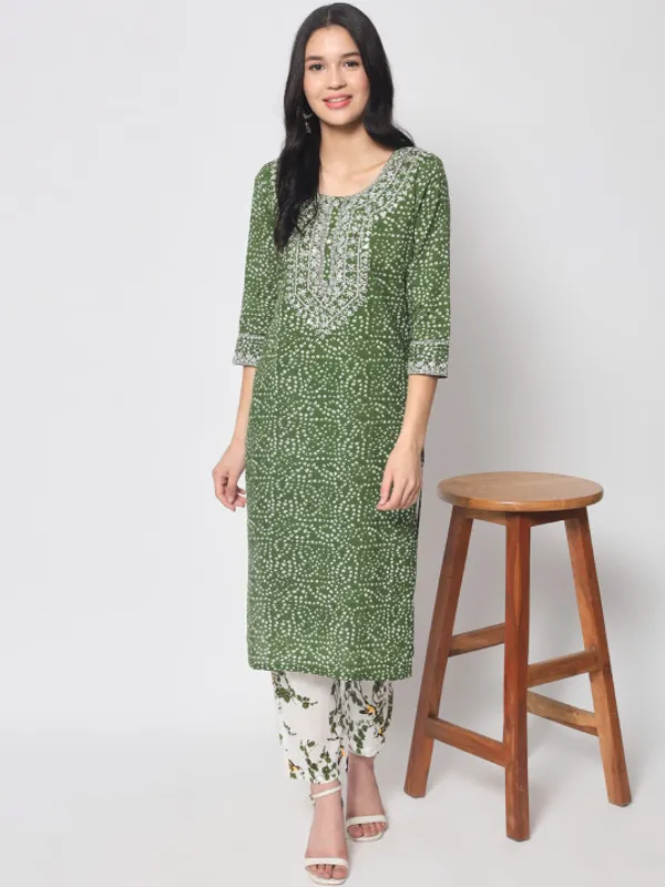 Green_Bandhani_Printed_Mirror_Work_Pure_Cotton_Kurta_with_Trousers_For_Women