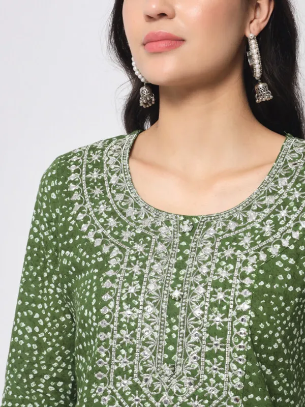 Green_Bandhani_Printed_Mirror_Work_Pure_Cotton_Kurta_with_Trousers_For_Women