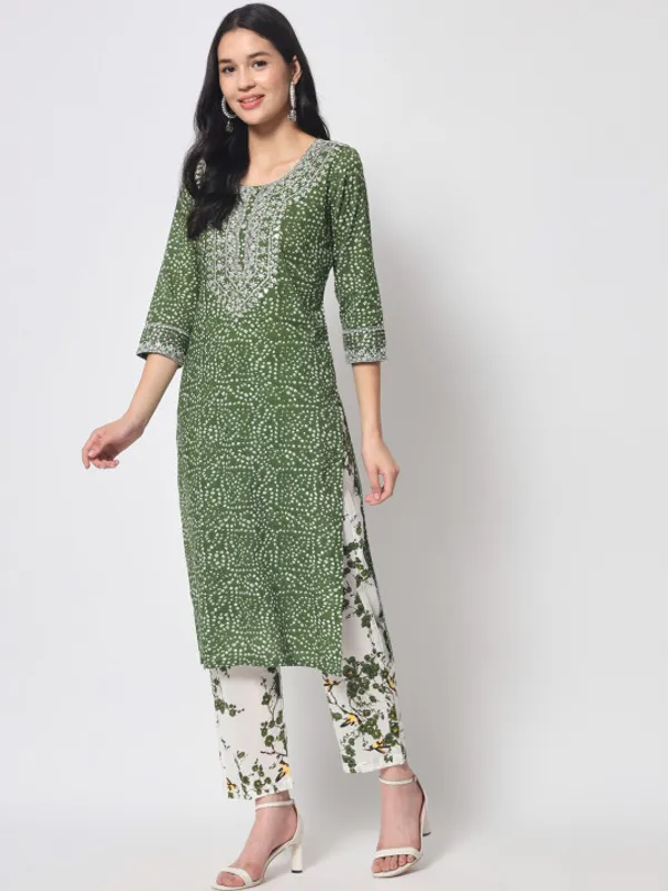 Green_Bandhani_Printed_Mirror_Work_Pure_Cotton_Kurta_with_Trousers_For_Women