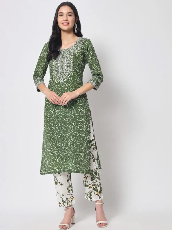 Green_Bandhani_Printed_Mirror_Work_Pure_Cotton_Kurta_with_Trousers_For_Women