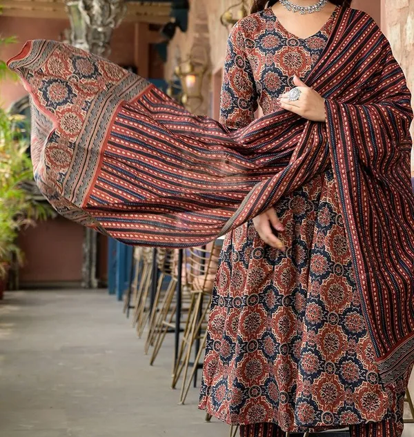 Brown_Ethnic_Motifs_Printed_A-Line_Kurta_with_Trousers_&_Dupatta_For_Women