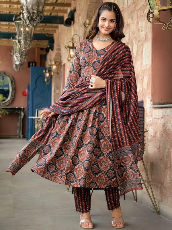 Brown_Ethnic_Motifs_Printed_A-Line_Kurta_with_Trousers_&_Dupatta_For_Women