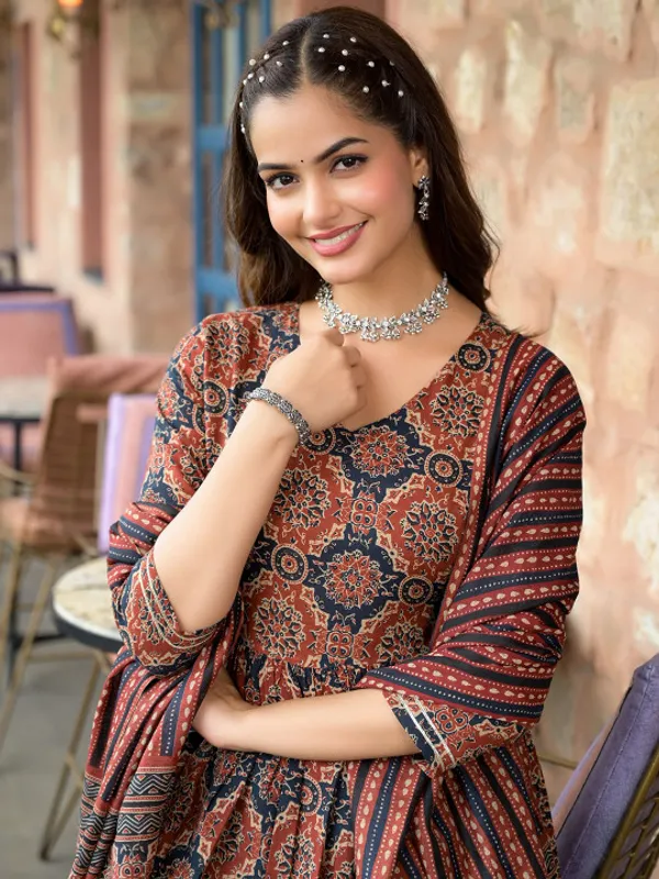 Brown_Ethnic_Motifs_Printed_A-Line_Kurta_with_Trousers_&_Dupatta_For_Women