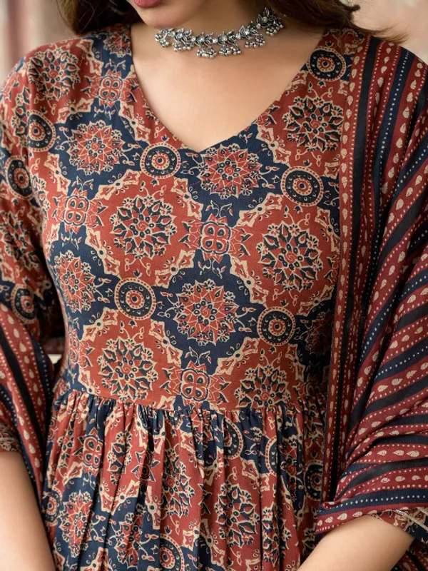 Brown_Ethnic_Motifs_Printed_A-Line_Kurta_with_Trousers_&_Dupatta_For_Women