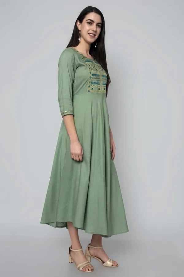 Green_Floral_Embroidered_Mirror_Work_A-Line_Midi_Ethnic_Dress_For_Women