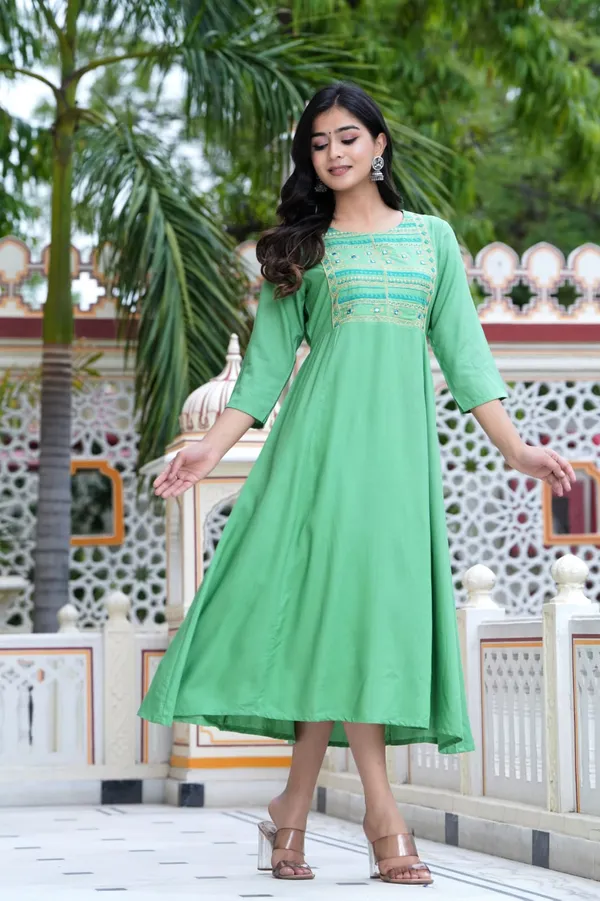 Green_Floral_Embroidered_Mirror_Work_A-Line_Midi_Ethnic_Dress_For_Women