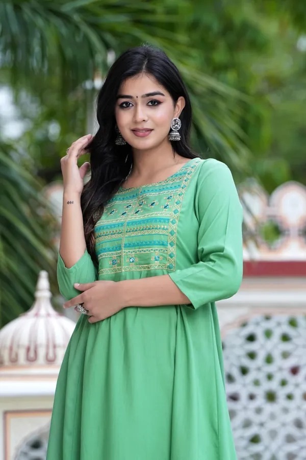 Green_Floral_Embroidered_Mirror_Work_A-Line_Midi_Ethnic_Dress_For_Women