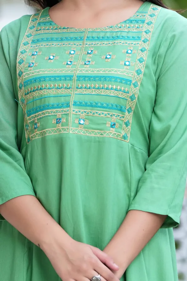 Green_Floral_Embroidered_Mirror_Work_A-Line_Midi_Ethnic_Dress_For_Women