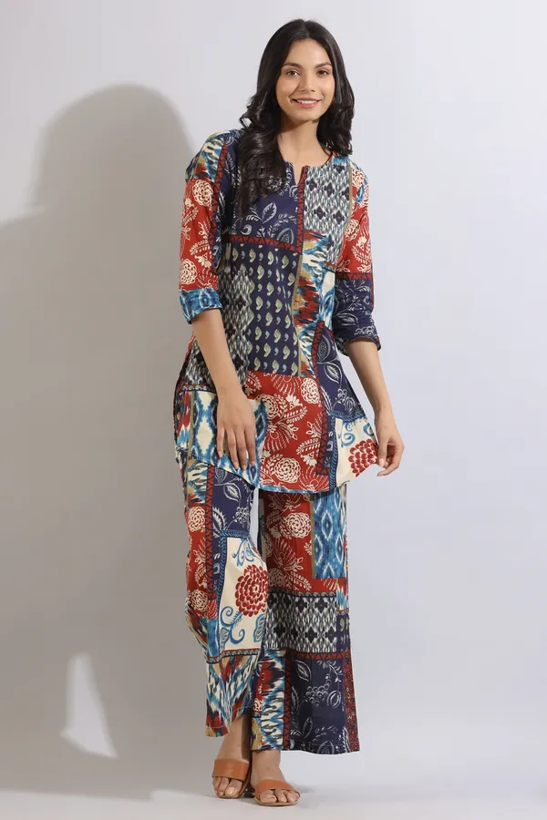 Multicolour_Jungle_Gem_Patches_Collared_Cotton_Co-ord_Set_For_Women