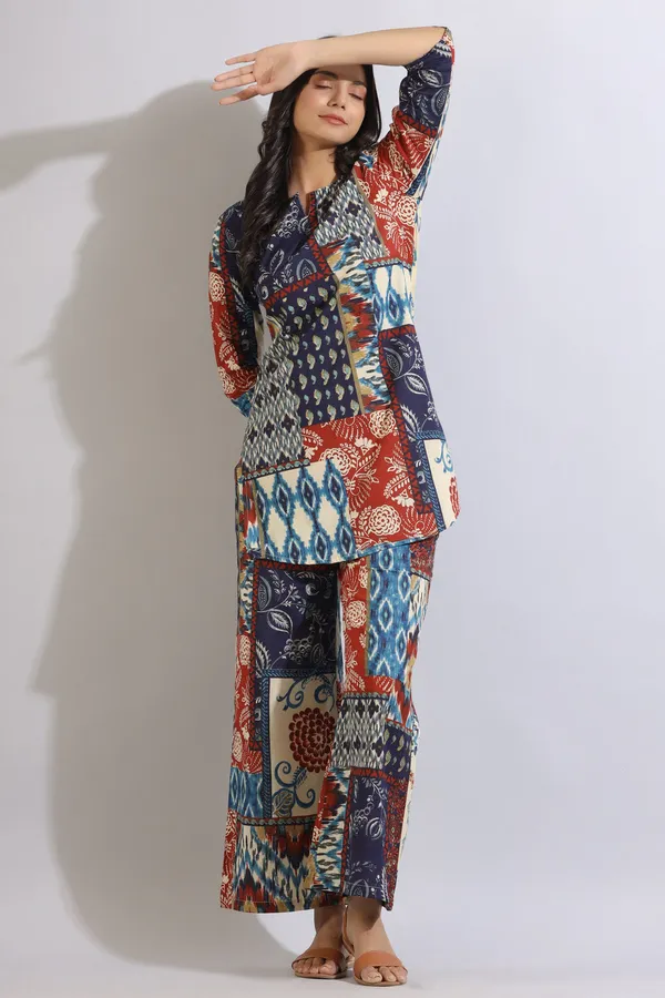 Multicolour_Jungle_Gem_Patches_Collared_Cotton_Co-ord_Set_For_Women
