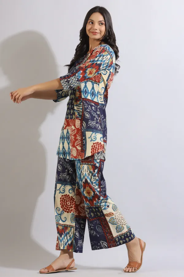 Multicolour_Jungle_Gem_Patches_Collared_Cotton_Co-ord_Set_For_Women