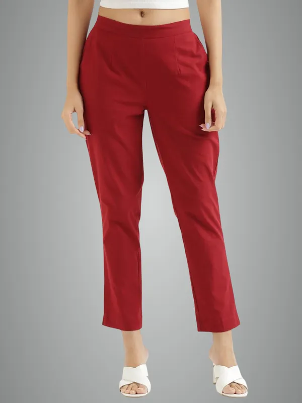 Red_Mid-Rise_Cotton_Trousers_For_Women