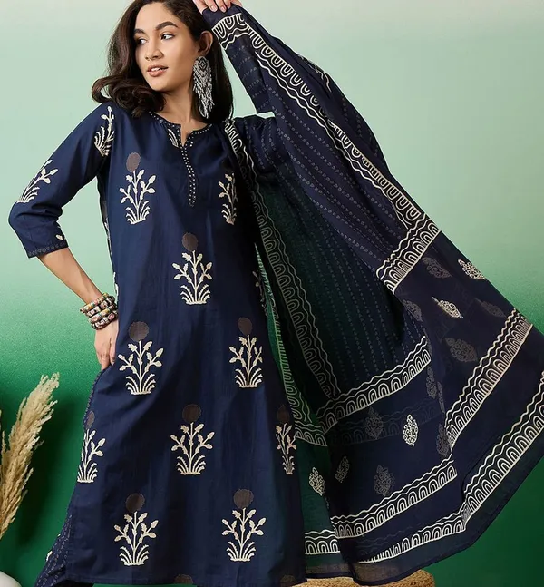 Navy_Blue_Notch_Neck_Printed_Pure_Cotton_Kurta_With_Trousers_&_Dupatta_For_Women