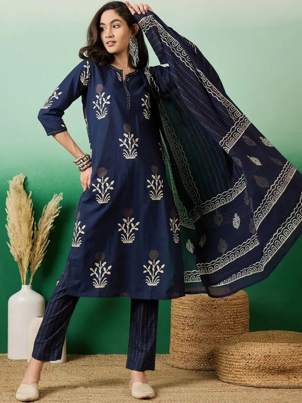 Navy_Blue_Notch_Neck_Printed_Pure_Cotton_Kurta_With_Trousers_&_Dupatta_For_Women