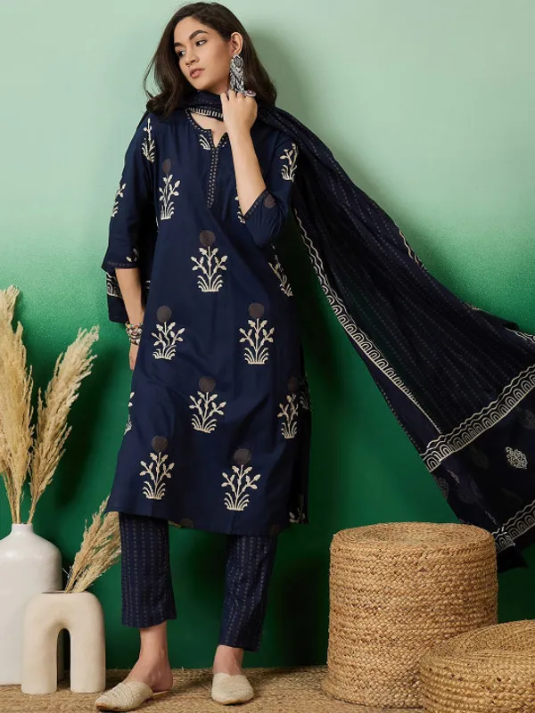 Navy_Blue_Notch_Neck_Printed_Pure_Cotton_Kurta_With_Trousers_&_Dupatta_For_Women