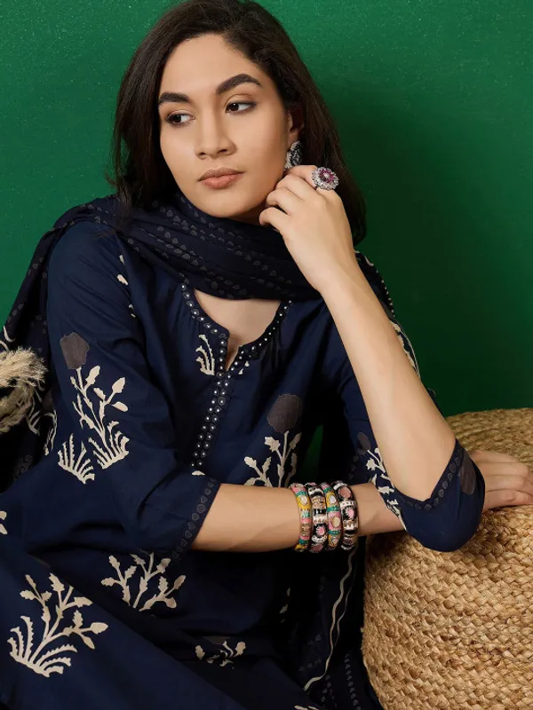 Navy_Blue_Notch_Neck_Printed_Pure_Cotton_Kurta_With_Trousers_&_Dupatta_For_Women