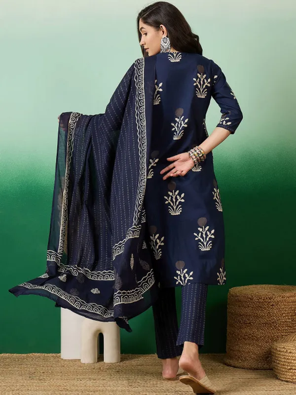 Navy_Blue_Notch_Neck_Printed_Pure_Cotton_Kurta_With_Trousers_&_Dupatta_For_Women