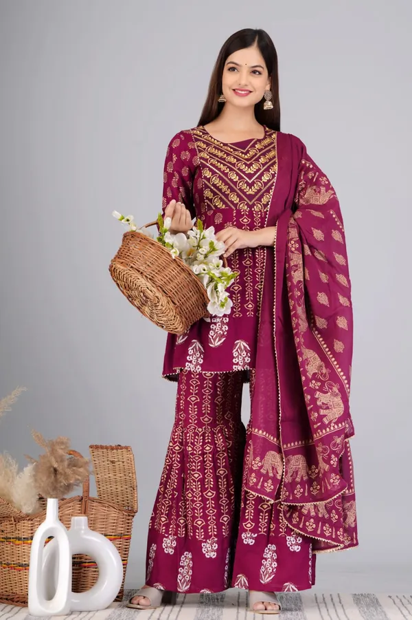 Wine_Ethnic_Motifs_Printed_Embroidered_Regular_Kurti_with_Sharara_&_With_Dupatta_For_Women
