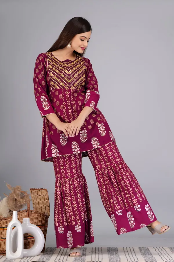 Wine_Ethnic_Motifs_Printed_Embroidered_Regular_Kurti_with_Sharara_&_With_Dupatta_For_Women