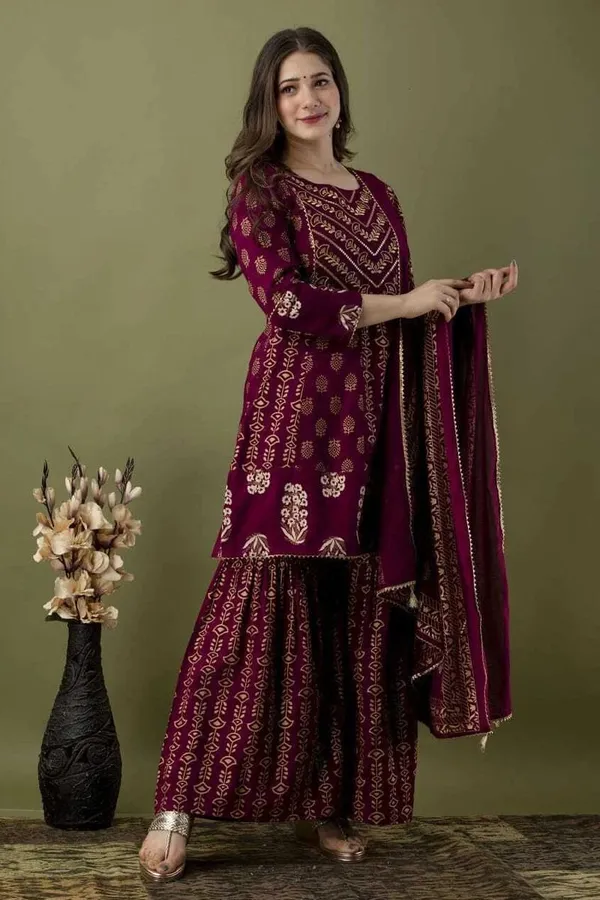 Wine_Ethnic_Motifs_Embroidered_Regular_Kurti_with_Sharara_&_With_Dupatta_For_Women