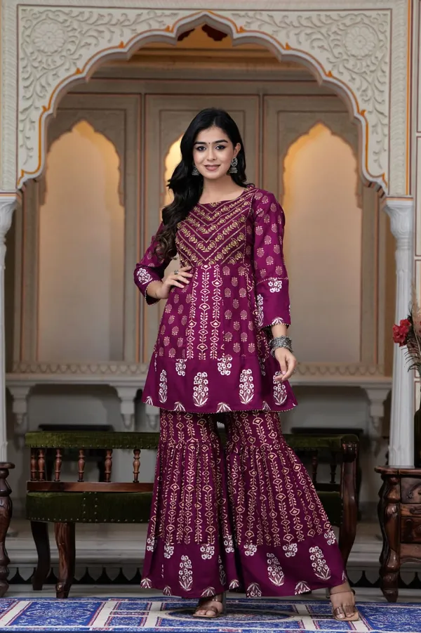 Wine_Premium_Elegant_Ethnic_Motifs_Embroidered_Regular_Kurti_with_Sharara_&_With_Dupatta_For_Women
