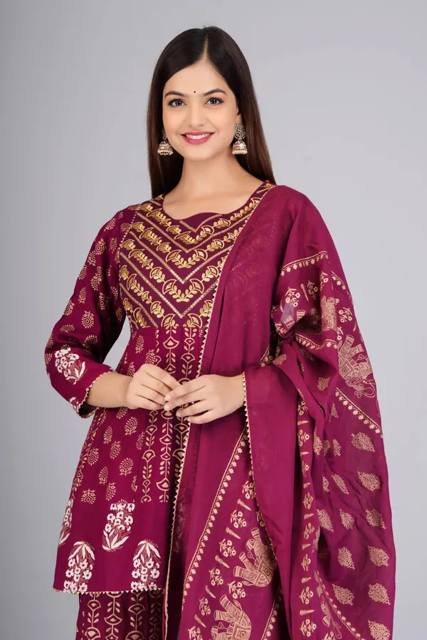 Wine_Ethnic_Motifs_Printed_Embroidered_Regular_Kurti_with_Sharara_&_With_Dupatta_For_Women