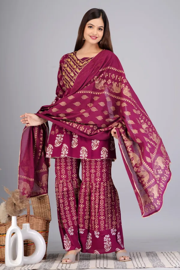 Wine_Ethnic_Motifs_Printed_Embroidered_Regular_Kurti_with_Sharara_&_With_Dupatta_For_Women