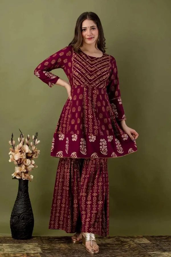 Wine_Ethnic_Motifs_Embroidered_Regular_Kurti_with_Sharara_&_With_Dupatta_For_Women