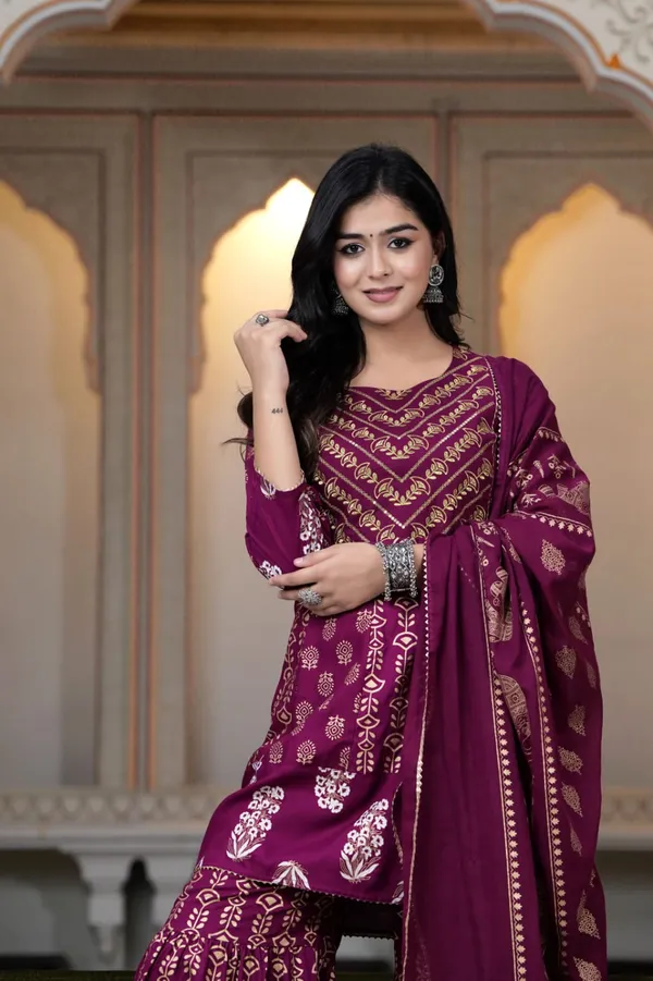 Wine_Premium_Elegant_Ethnic_Motifs_Embroidered_Regular_Kurti_with_Sharara_&_With_Dupatta_For_Women