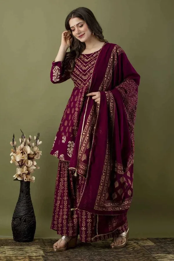 Wine_Ethnic_Motifs_Embroidered_Regular_Kurti_with_Sharara_&_With_Dupatta_For_Women
