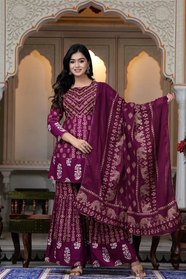 Wine_Premium_Elegant_Ethnic_Motifs_Embroidered_Regular_Kurti_with_Sharara_&_With_Dupatta_For_Women