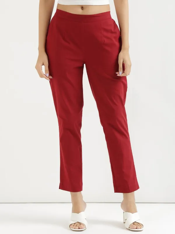 Red_Mid-Rise_Cotton_Trousers_For_Women