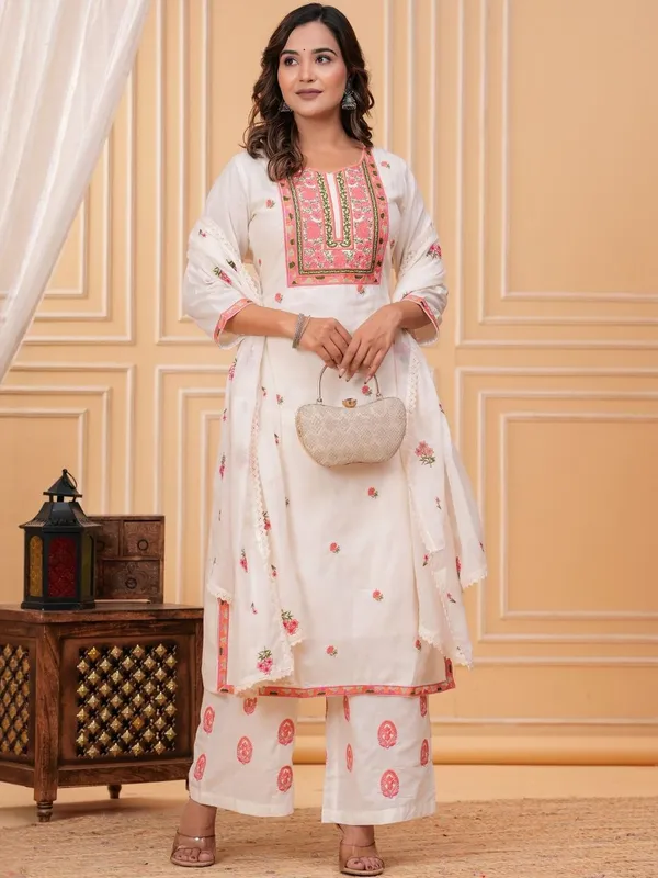 Off_White_&_Pink_Cotton_Floral_Thread_Work_Kurta_with_Palazzos_&_Dupatta_For_Women