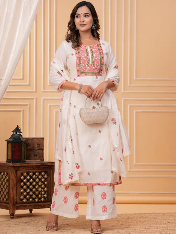 Off_White_&_Pink_Cotton_Floral_Thread_Work_Kurta_with_Palazzos_&_Dupatta_For_Women