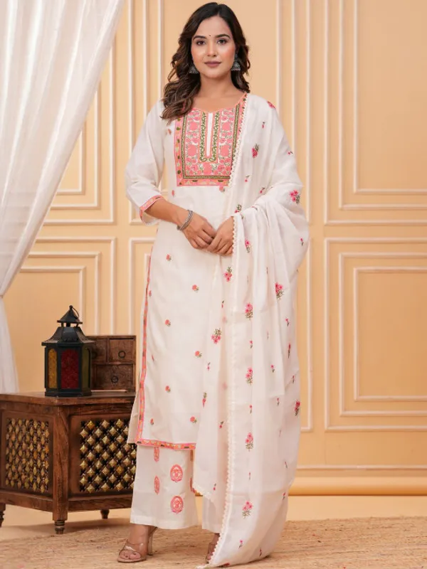 Off_White_&_Pink_Cotton_Floral_Thread_Work_Kurta_with_Palazzos_&_Dupatta_For_Women