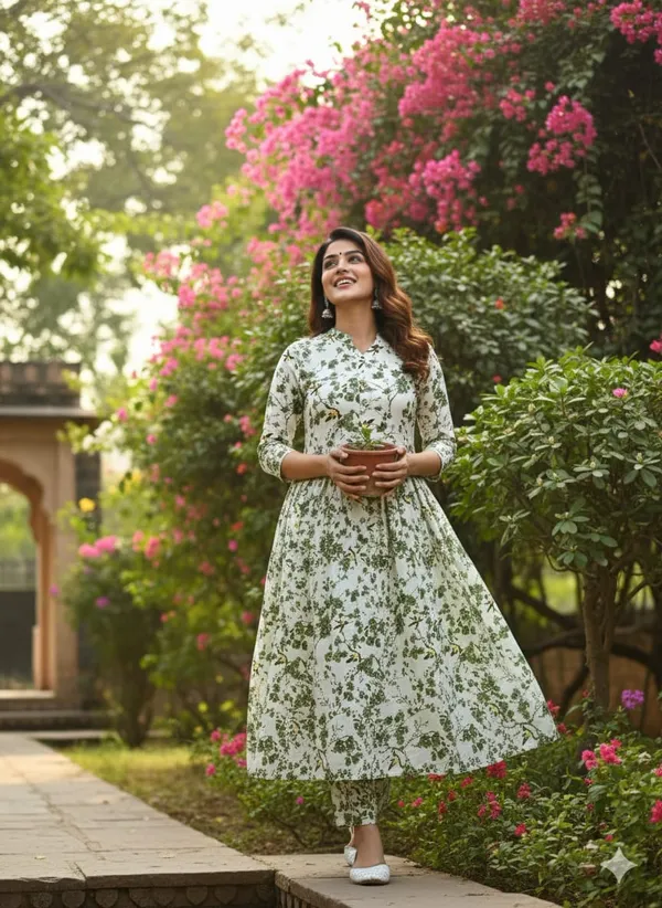 Women's_Green_Floral_Printed_Cotton_Anarkali_Kurta_Set_with_Pant