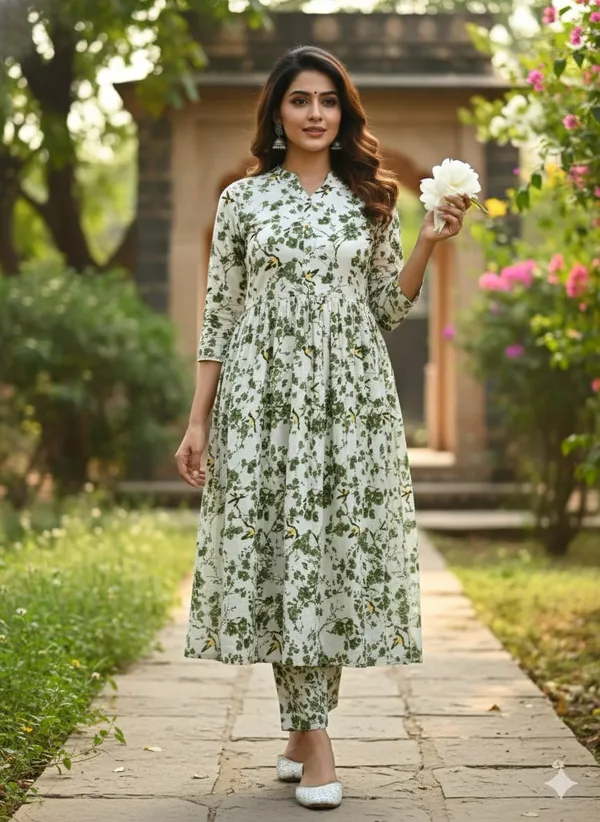 Women's_Green_Floral_Printed_Cotton_Anarkali_Kurta_Set_with_Pant