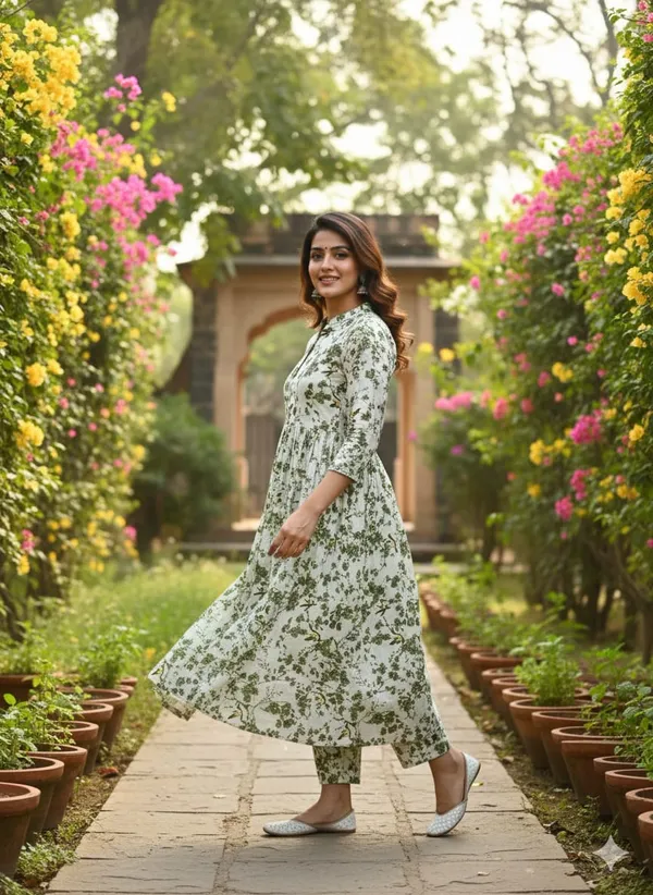 Women's_Green_Floral_Printed_Cotton_Anarkali_Kurta_Set_with_Pant
