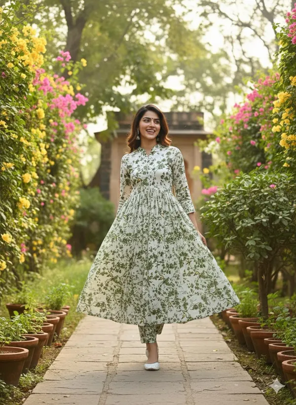 Women's_Green_Floral_Printed_Cotton_Anarkali_Kurta_Set_with_Pant