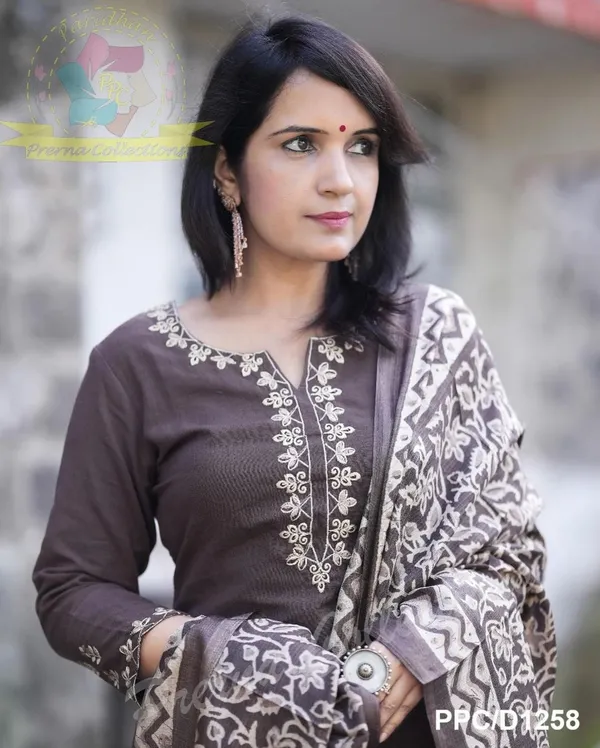 Brown_Cotton_Slub_Embroidery_Kurti_Pant_With_Dupatta_Set__For_Women
